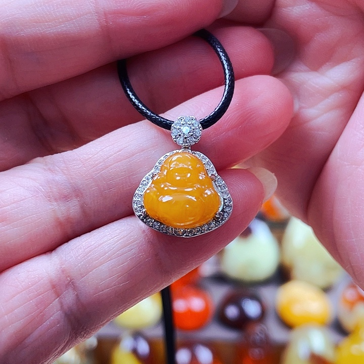 银S925镶嵌琥珀裸石吊坠