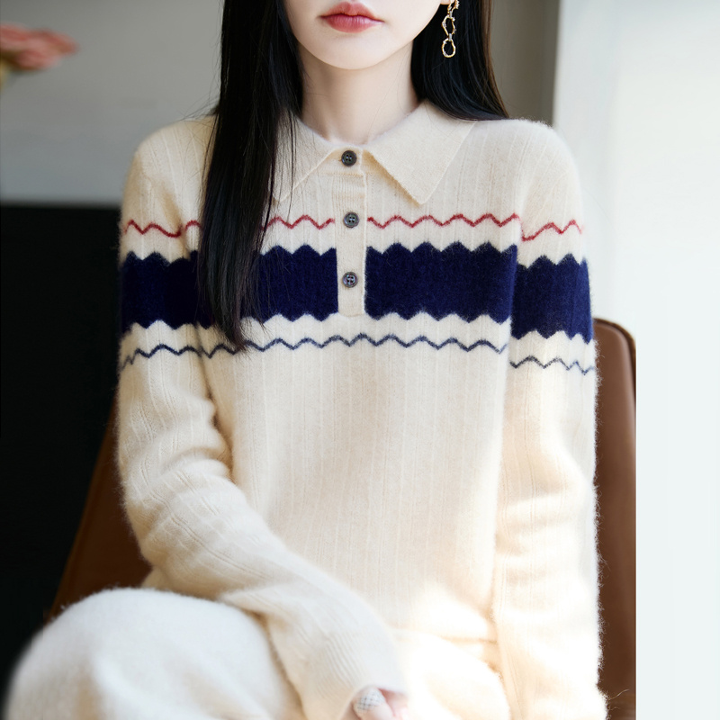 时髦大气~2025秋冬新款学院风波浪纹间色polo领长袖套头羊毛衫女