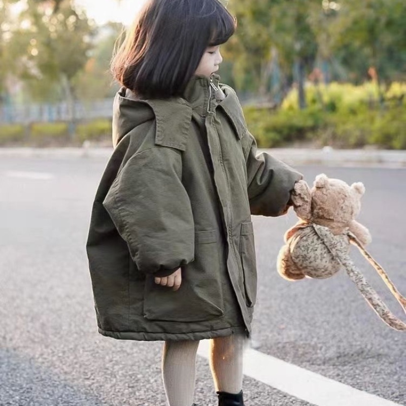 童装儿童韩版冬季新品棉服女童加绒加厚派克服洋气中长款工装棉袄