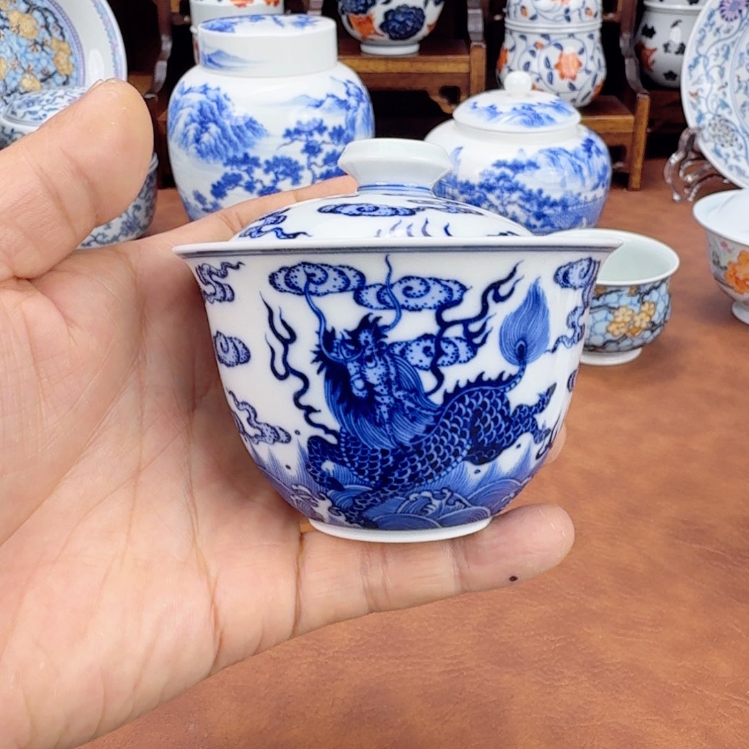 摆件陶福利青花盖碗