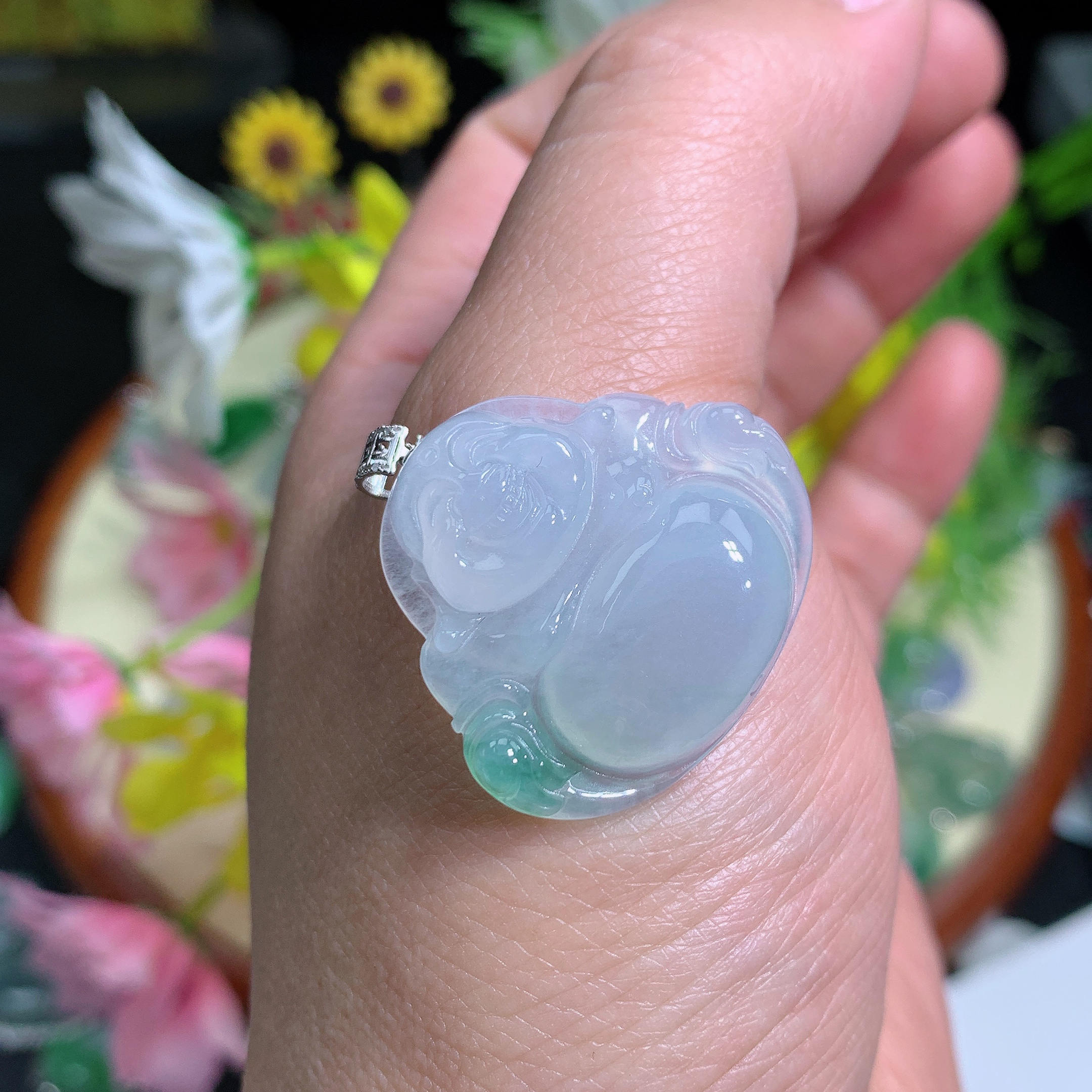 缅甸翡翠A货冰种飘花佛公刘吊坠18K金镶嵌精美颈饰无瑕百搭水润气