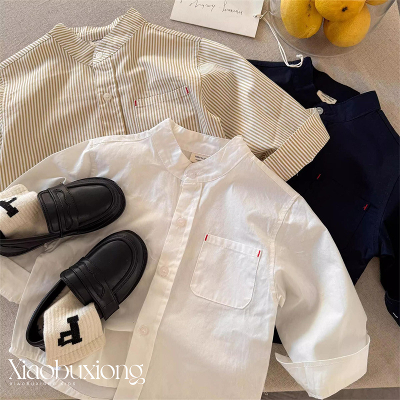 小布熊衬衫25秋男童日系潮牌立领衬衣宝宝长袖上衣纯色打底衫
