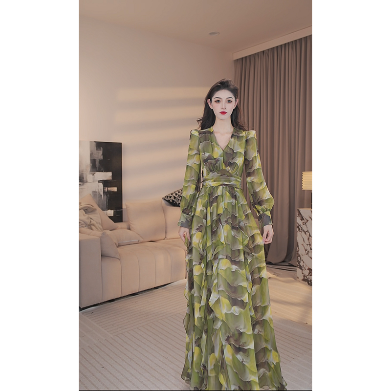 尤克菲儿 原创小众高定轻奢气质大气夏季宽松简约雪纺印花连衣裙
