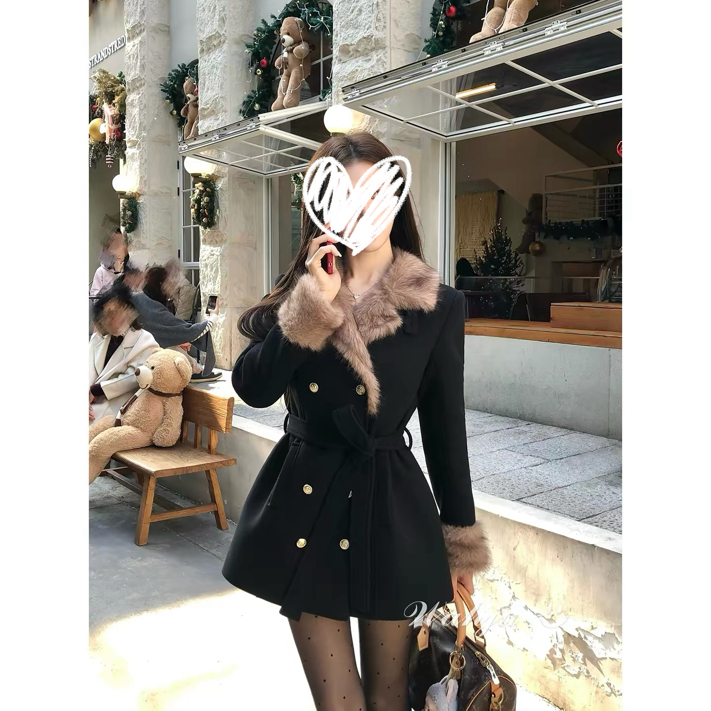 胖mm复古千金风系带毛毛翻领收腰显瘦毛呢外套冬季气质