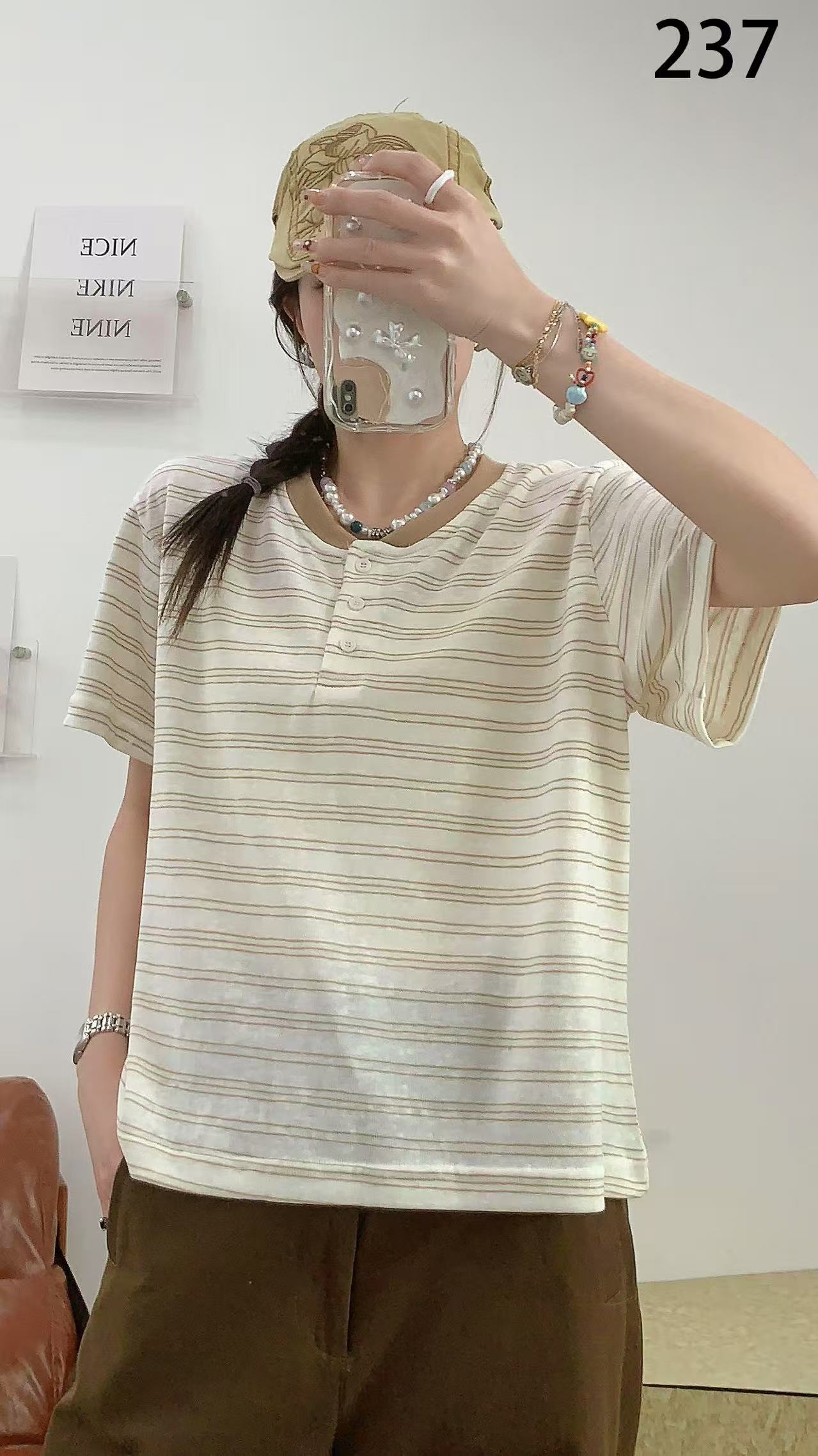 0399【夏季新款】净版条纹V领短袖（237）