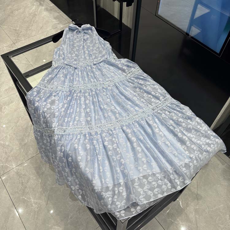 25年春夏新款女装 时尚度假风蝴蝶结碎花无袖蓝色连衣裙-25Y1158