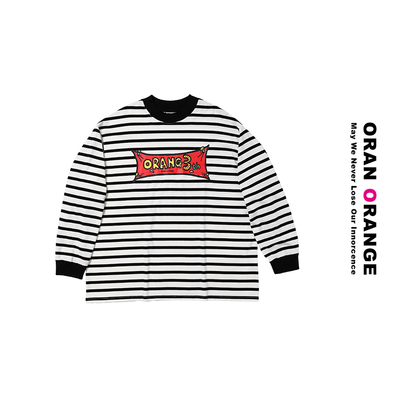 orange杏黑色条纹“三周年”长T