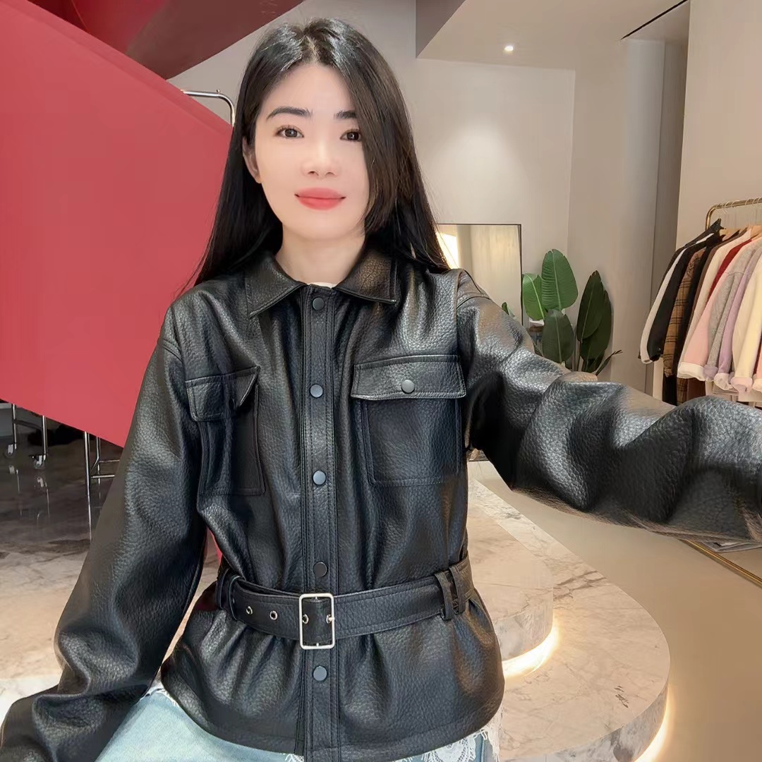 252580 有腰带 工装风时尚翻领单排皮衣休闲洋气长袖