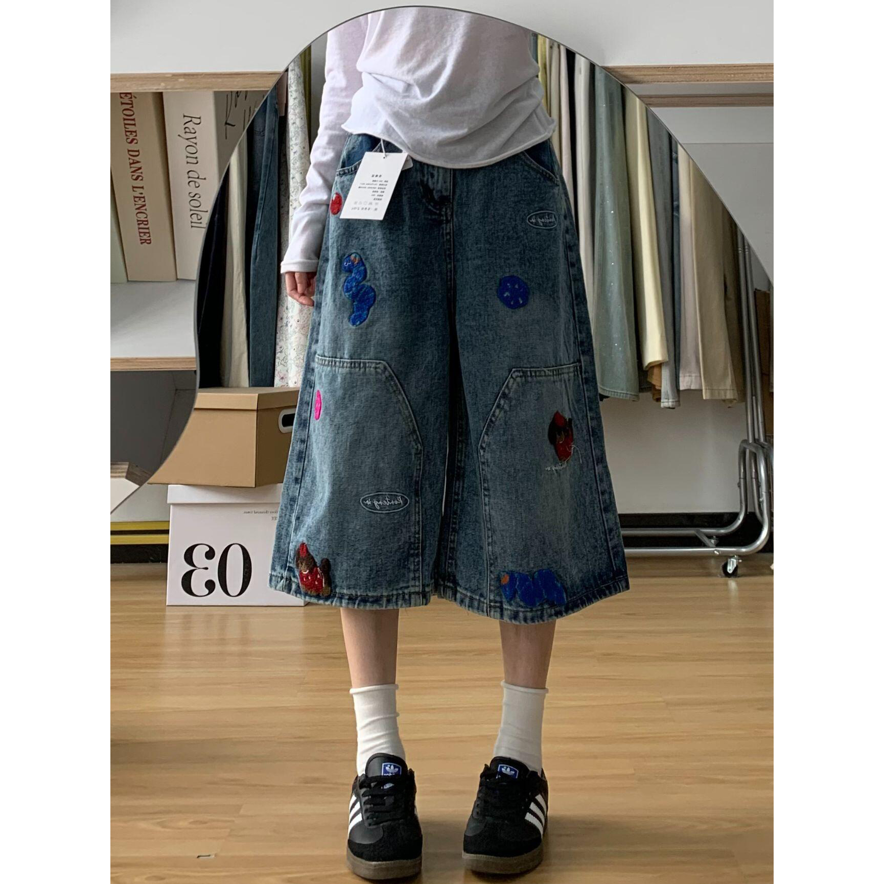 趣味刺绣设计感显瘦牛仔七分裤女夏季新款水洗宽松直筒百搭短裤潮