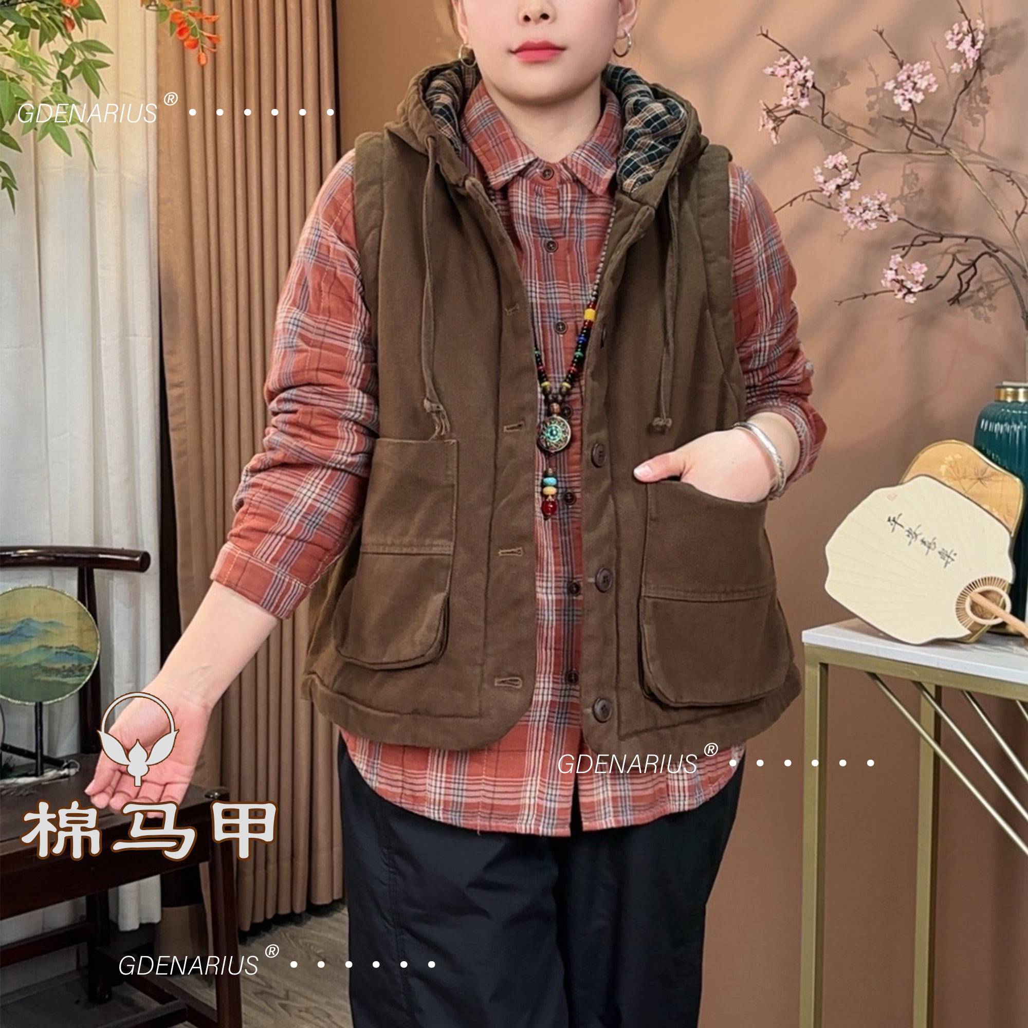 夹棉双兜斜纹棉磨毛连帽棉马夹保暖舒适好穿气质百搭宽松显瘦上衣