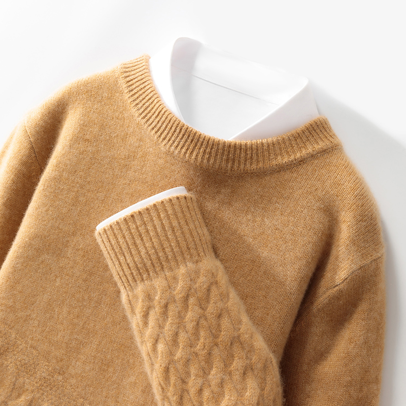 七针加厚半身扭花款~秋冬新款100澳洲羊毛衫男圆领麻花宽松休闲打