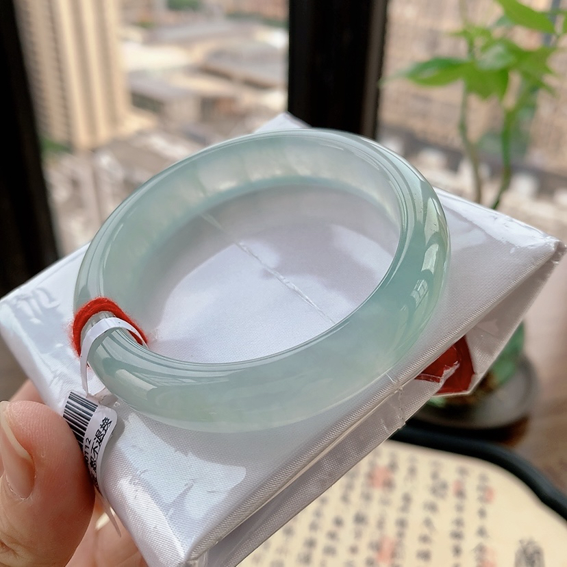 缅甸天然A货翡翠53-54圈口冰种晴水飘花水润起胶正圈手镯女款0112