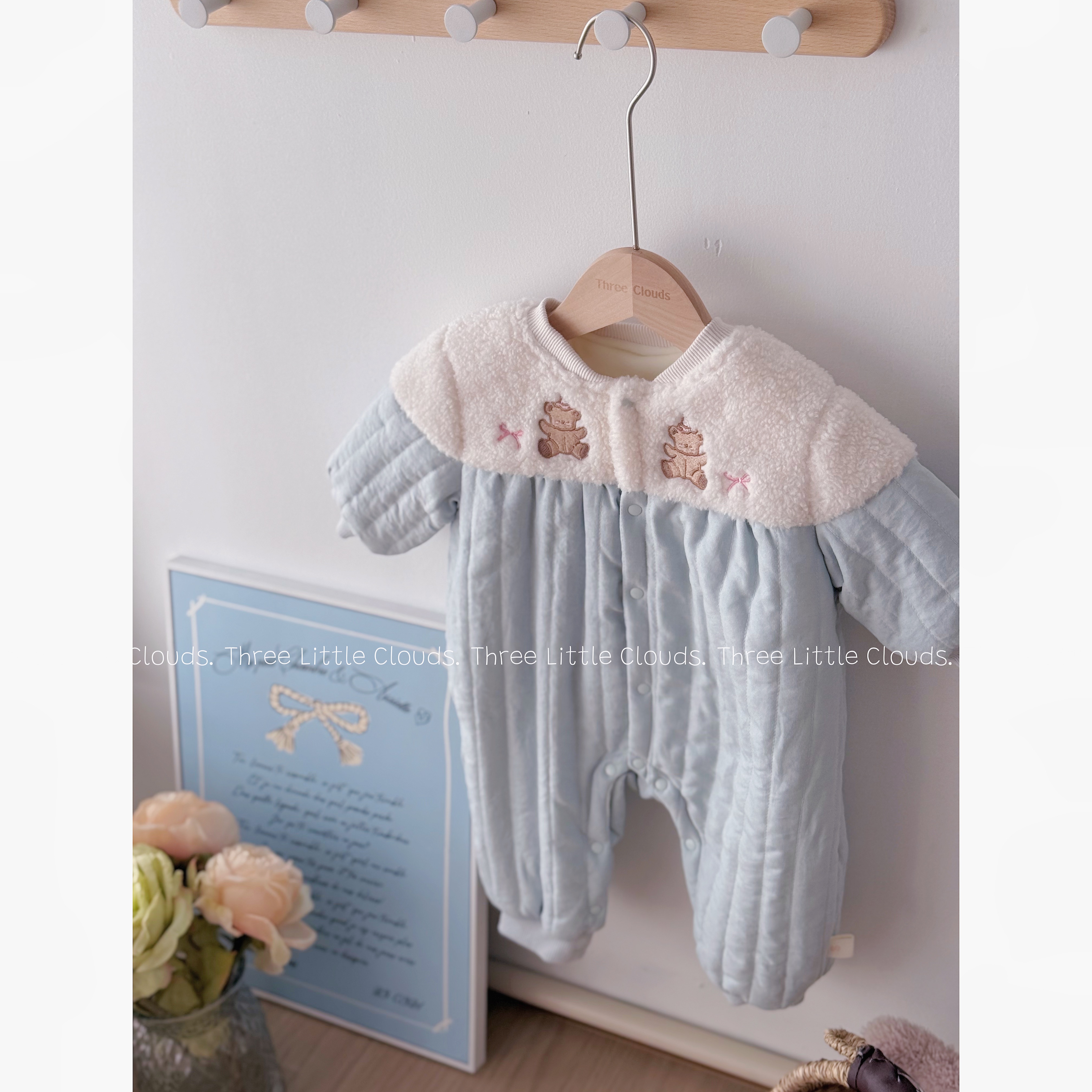 三小朵2800【快乐小熊】婴儿衣服秋冬蓝色女宝加绒加厚保暖连体可爱