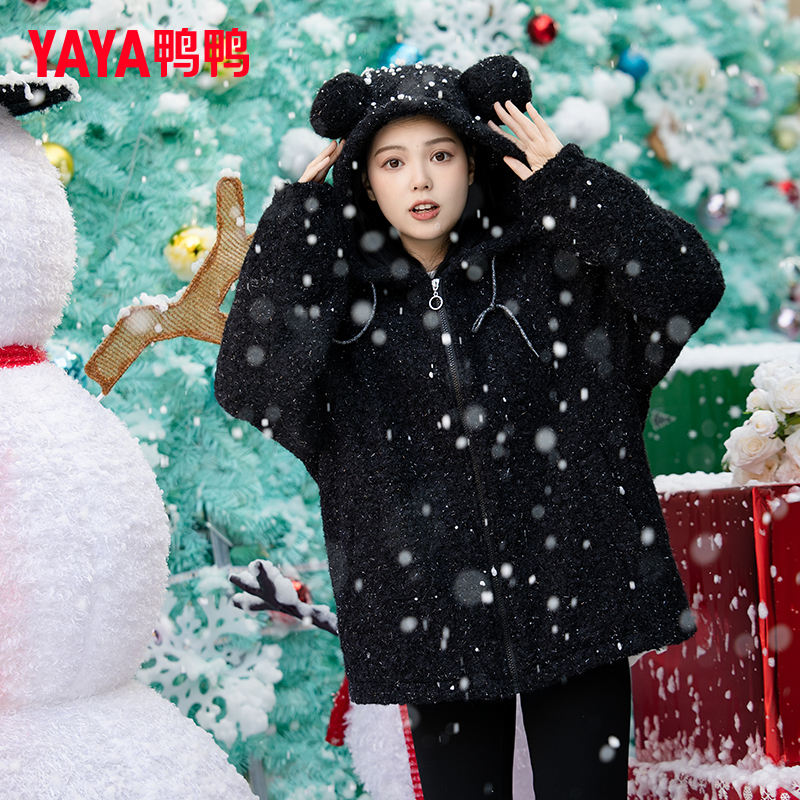 YAYA鸭鸭短款羽绒服女士秋冬新款保暖连帽宽松韩版百搭卫衣外套