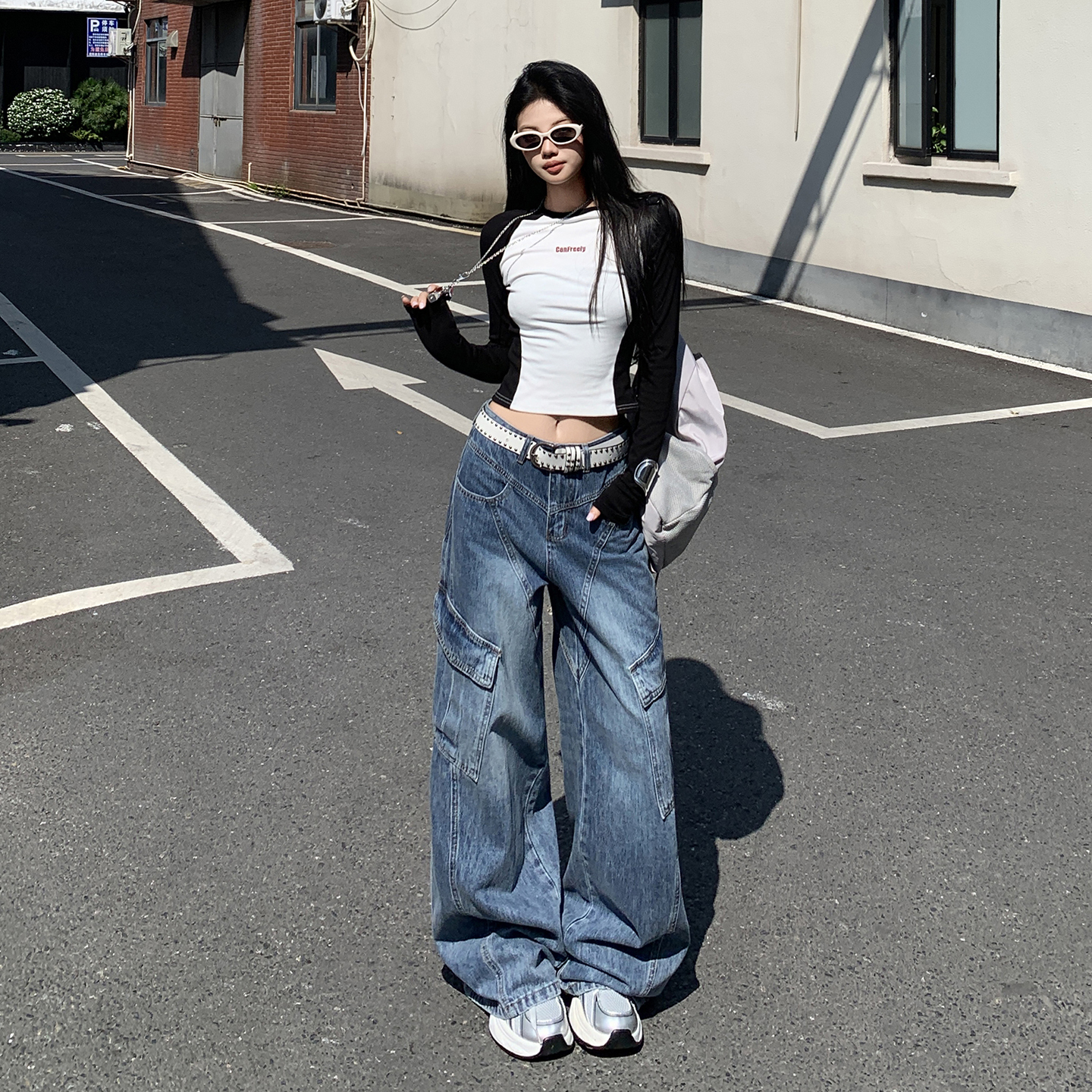 GL 加厚美式复古蓝工装牛仔裤高腰直筒宽松百搭显瘦阔腿裤子新款