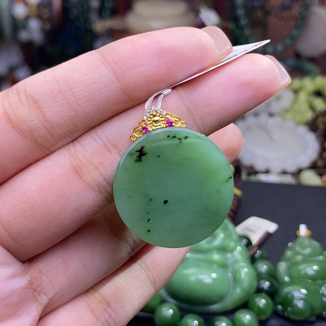 未镶嵌手链和田玉碧玉乌兰海金镶圆牌孤品