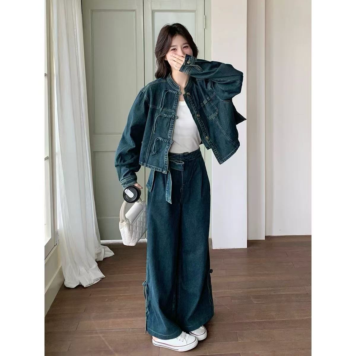 959#新中式国风盘扣牛仔套装女秋季绑带设计日常休闲百搭两件套潮