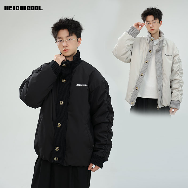 HEICHICOOL冬季宽松显瘦百搭针织拼接立领棉服男女同款情侣棉衣