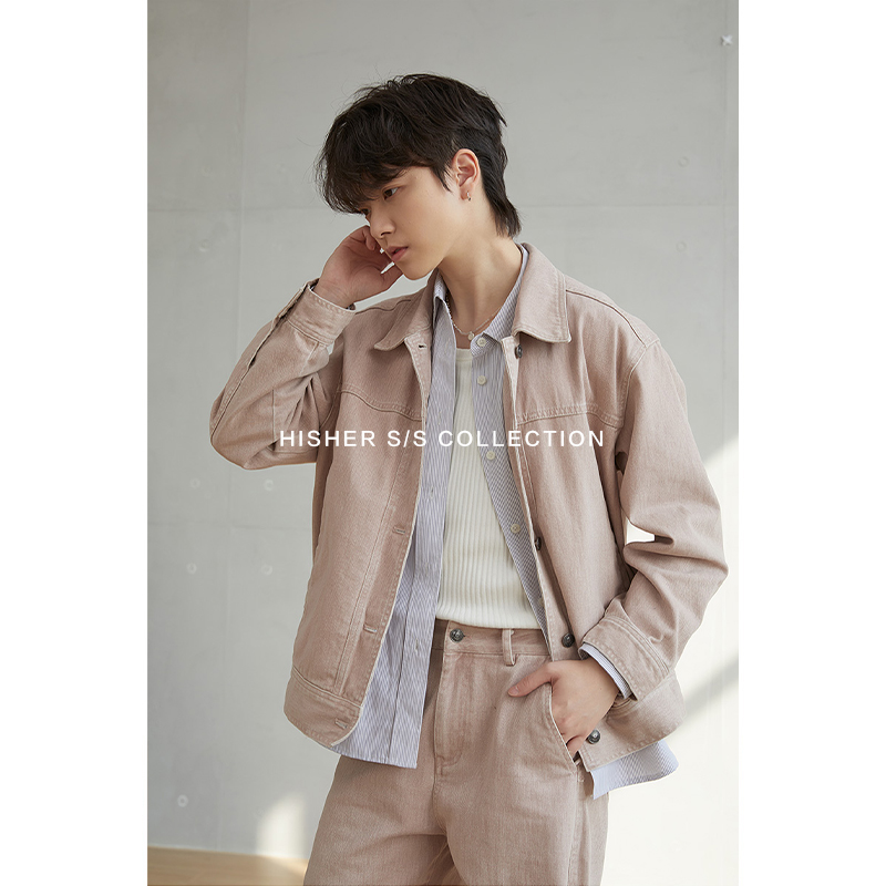 HISHER出柜小个子中性风牡丹粉做旧炒盐牛仔翻领夹克