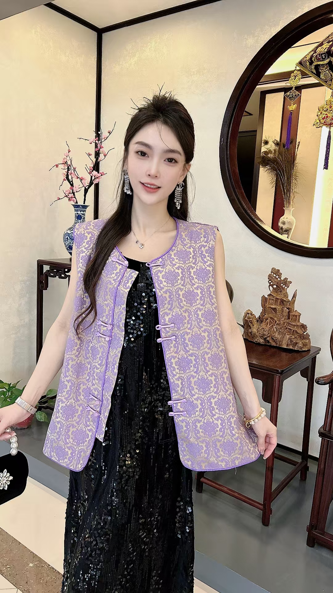 新中式提花紫色马甲