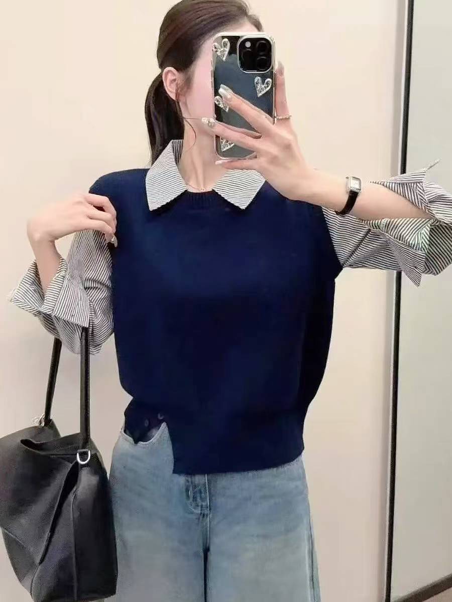 2025新秋冬季针织拼接假两件毛衣女秋冬季小个子慵懒高级感针织衫