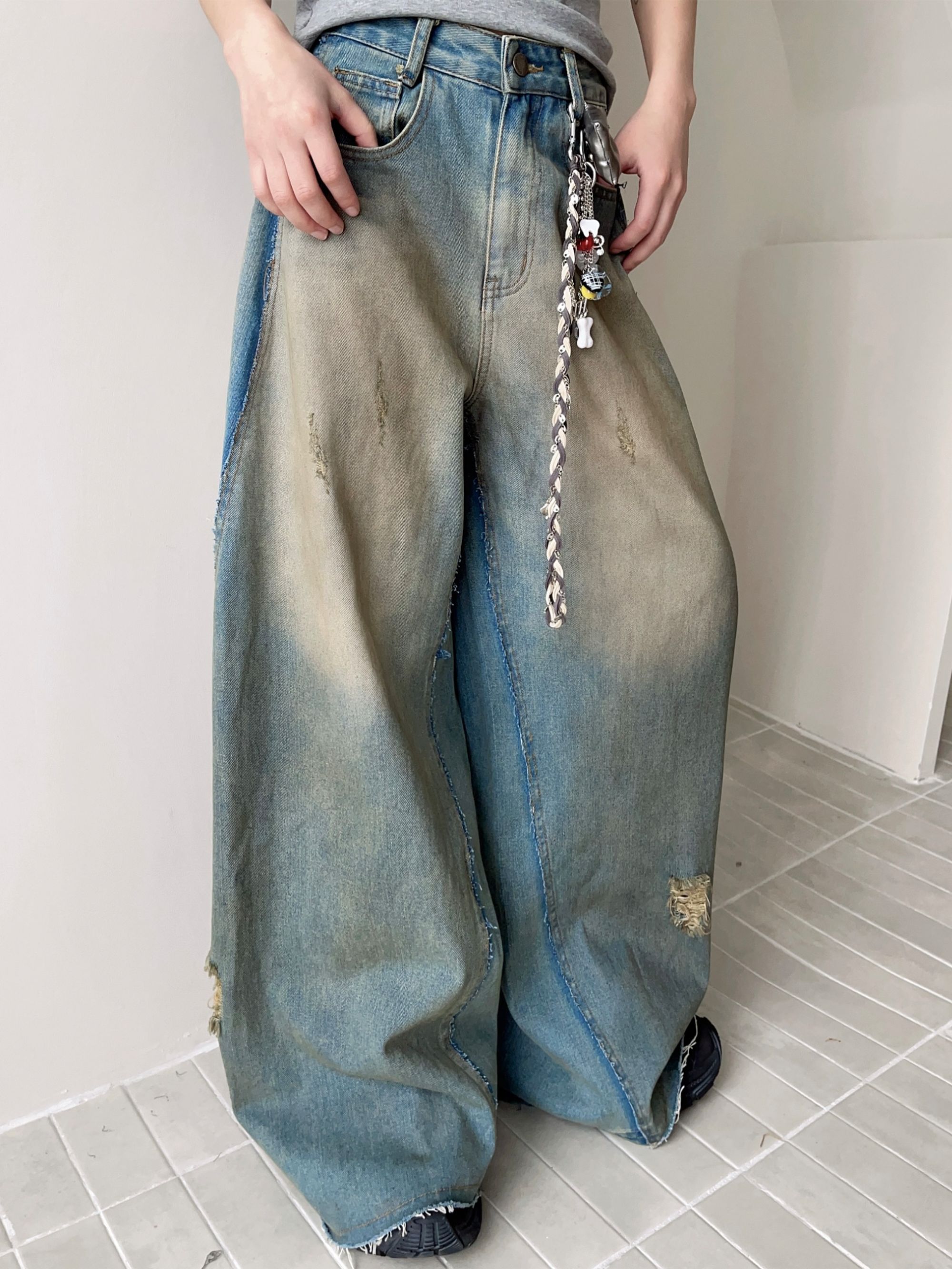 【YWYW】2025春夏小众设计感牛仔复古洗水做旧时尚百搭阔腿裤60715