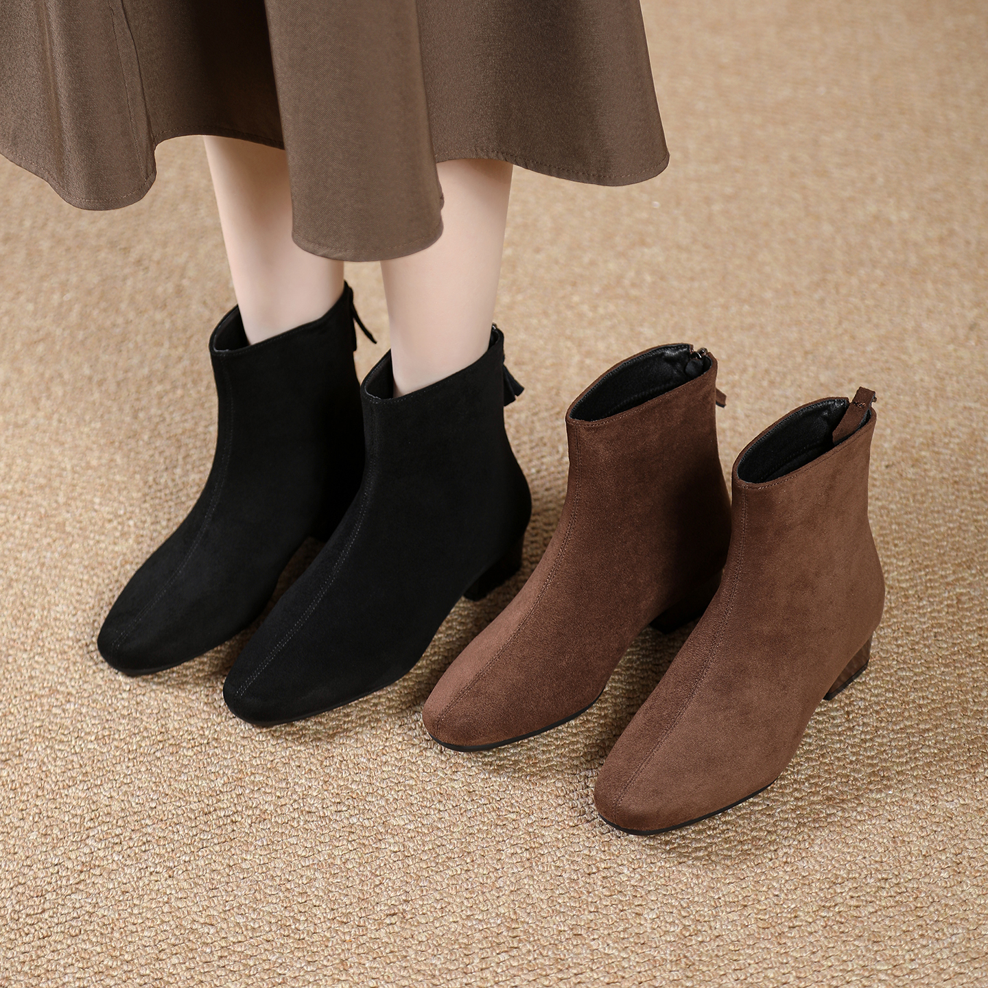 休闲方头女冬季尖头百搭短靴粗跟秋冬低跟平底女靴3523