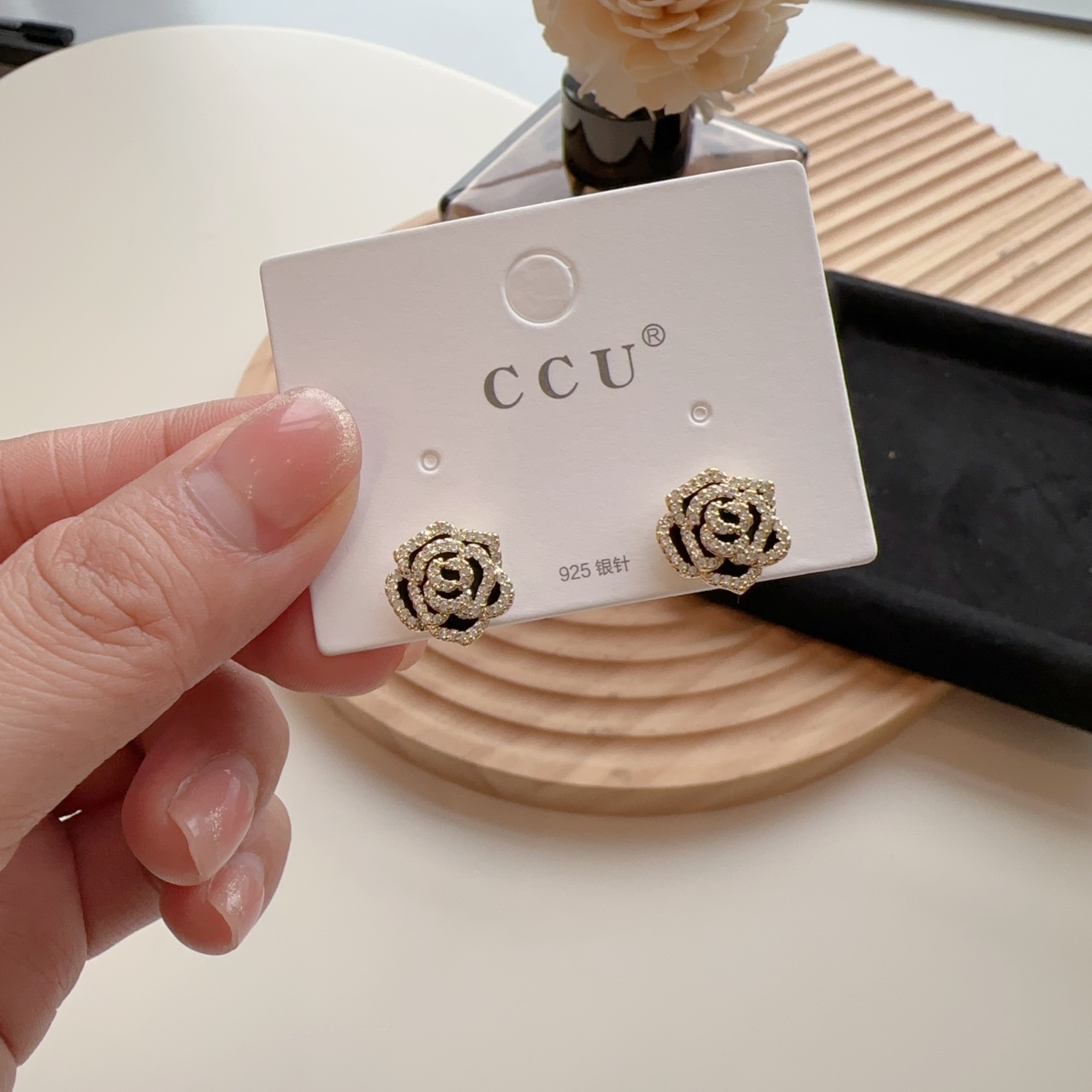 合金合成锆石耳饰 满钻玫瑰花耳钉ED207 