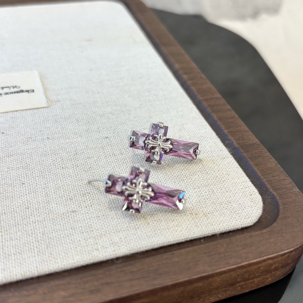铜合金仿水晶耳饰 铜合金合成锆石耳饰 紫色双十字耳环EH2631
