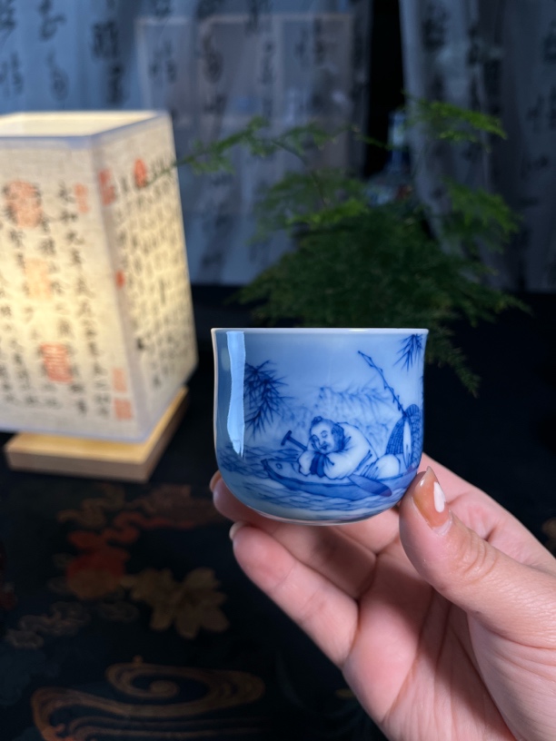 当代 续真柴窑烧制 景德镇祖传窑之续真系列月影湖光高仕卧足杯