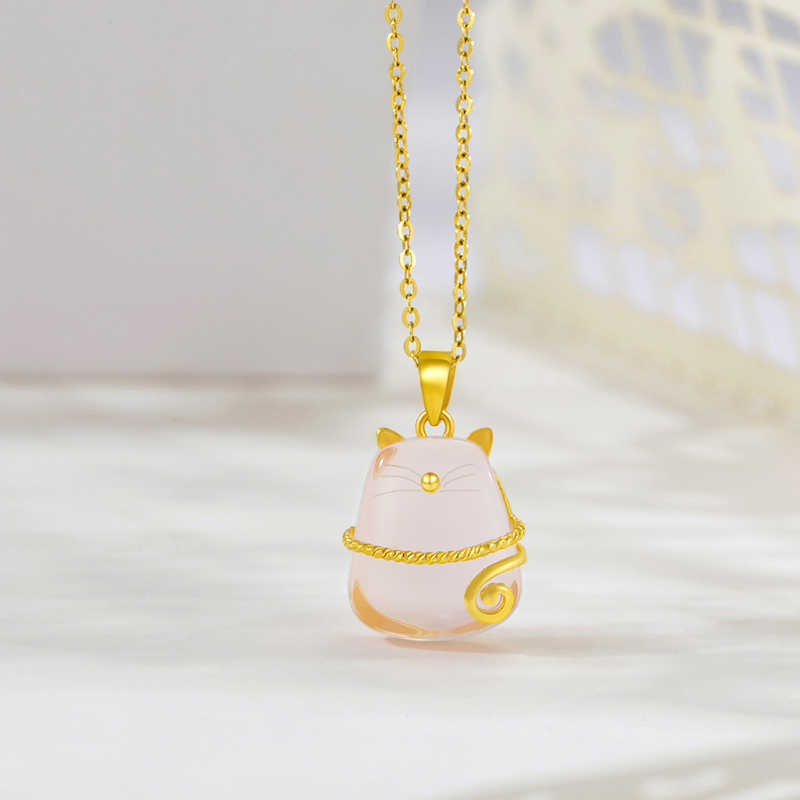 龙猫黄金吊坠女 999足金招财猫项链金镶玉芙蓉石挂坠女友生日礼物