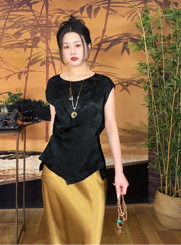 2025新款春夏进口醋酸提花极简新 中式上衣 +醋酸鱼尾半裙铜金色