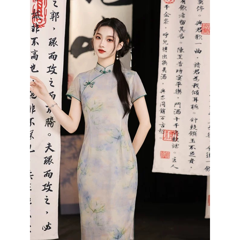 970-渲染水墨浅色弹力网纱旗袍