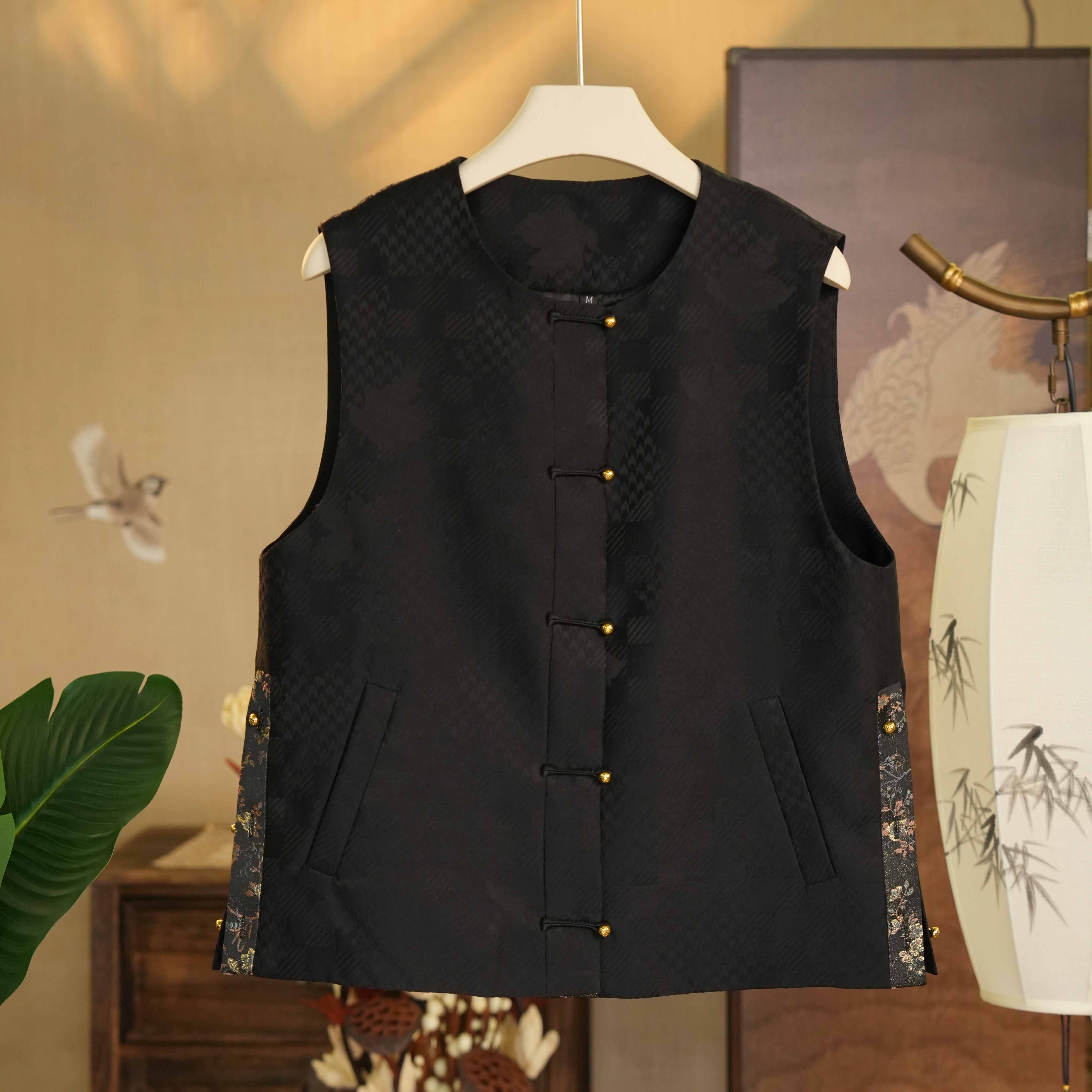 莨记【徐来】冠乐绉桑蚕丝香云纱 新中式中国风复古黑色提花马甲