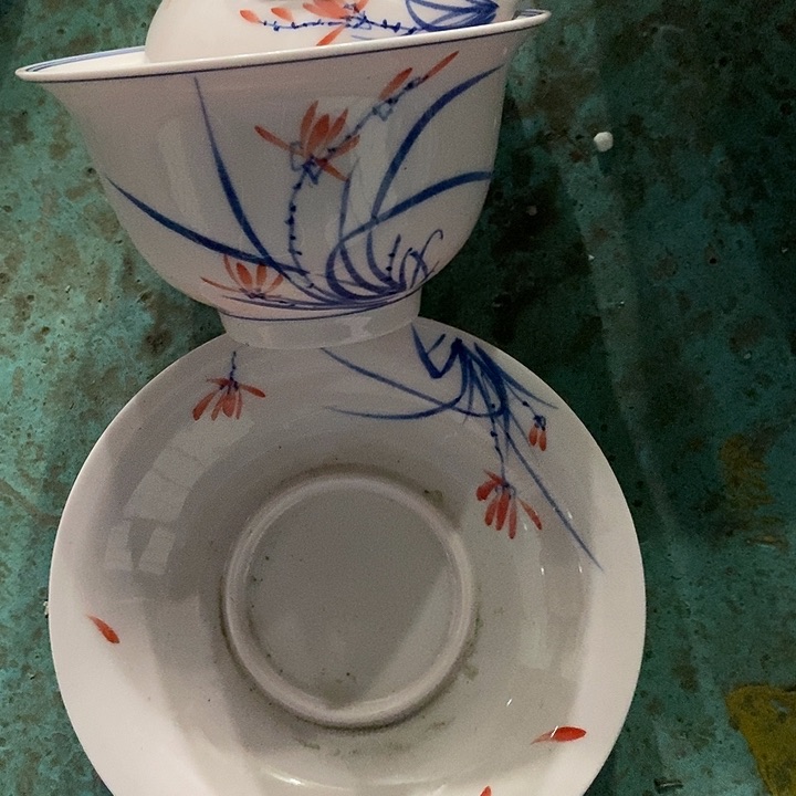 摆件陶红稀土手绘兰花三才元宝盖碗