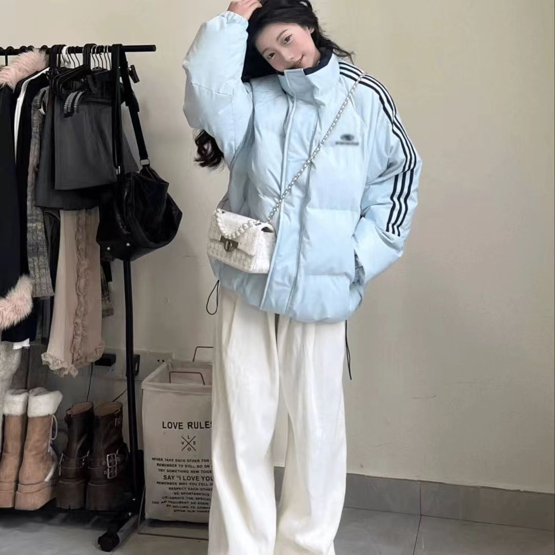 三条杠冬季短款面包服女棉服男女美式宽松百搭加大码条纹立领外套