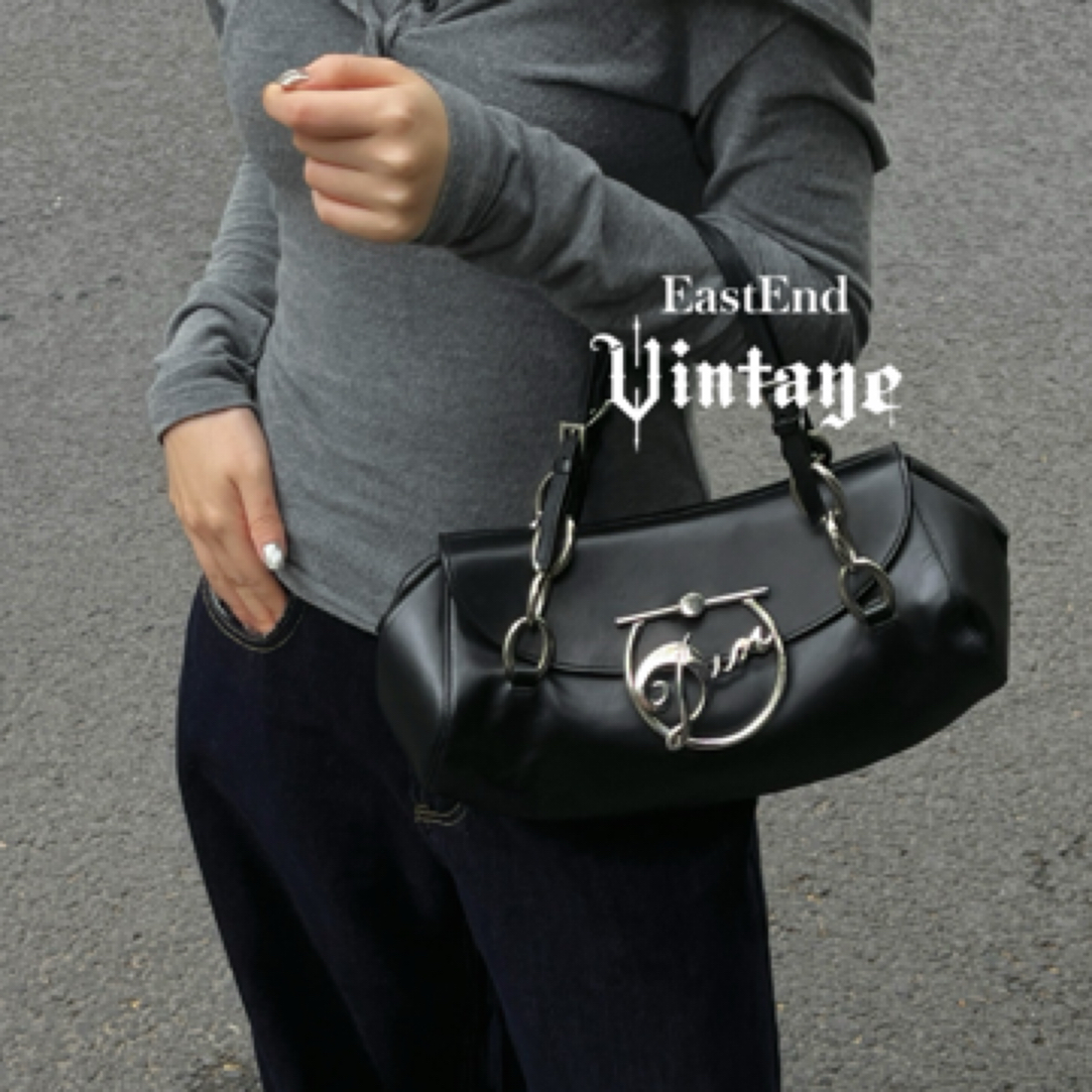 95新 DIOR/迪奥 東区-punk黑银圆环草写标元宝包手提包/09510