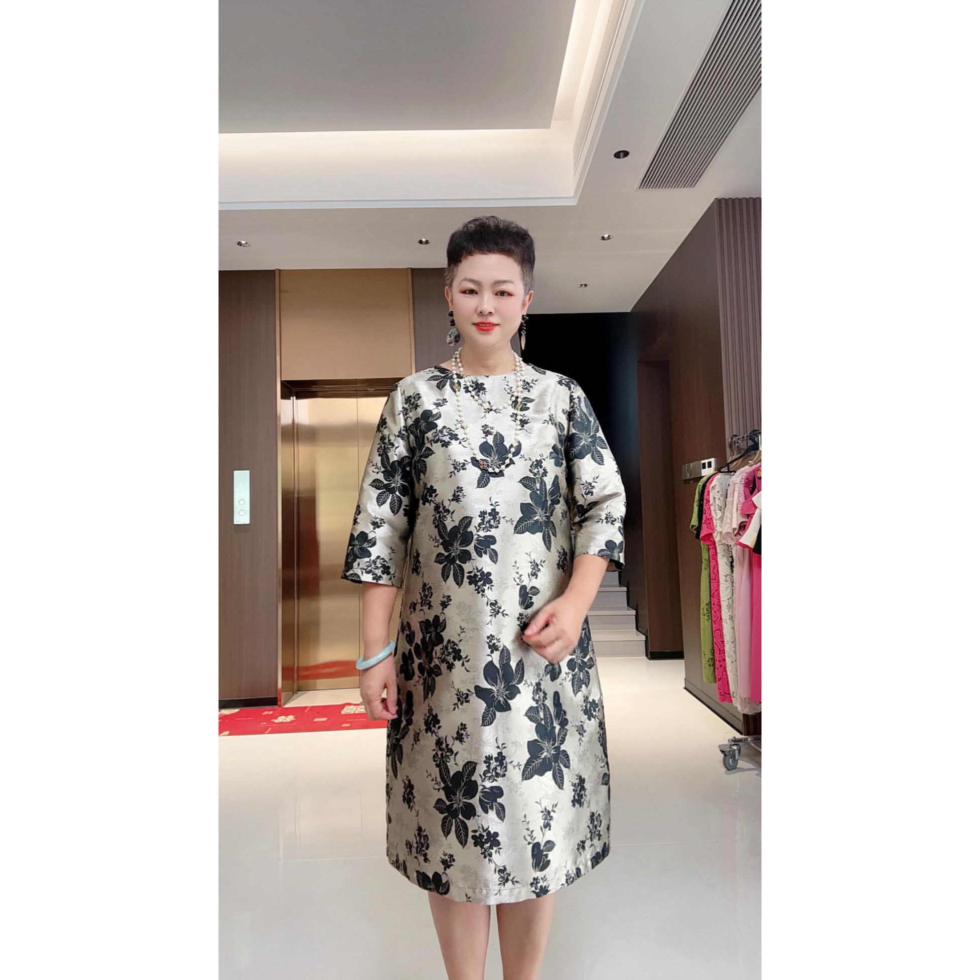 高端复古印花圆领连衣裙小A版宽松遮肉气质显瘦大码时尚女裙子A66