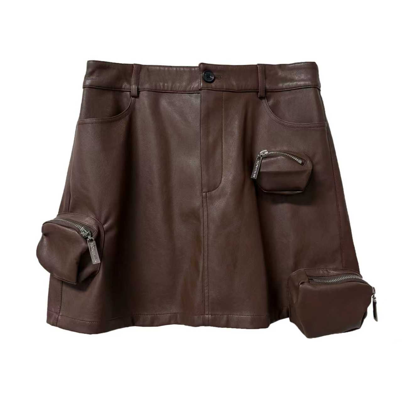 NONHUMAN立体口袋皮半裙ins半身裙气质高腰皮裙A字短裙秋冬