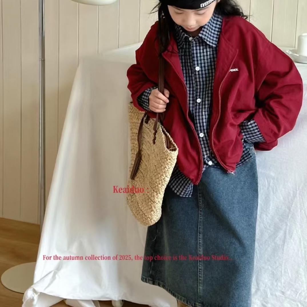 方领假两件外套翻领图案外套时尚女童红色拉链