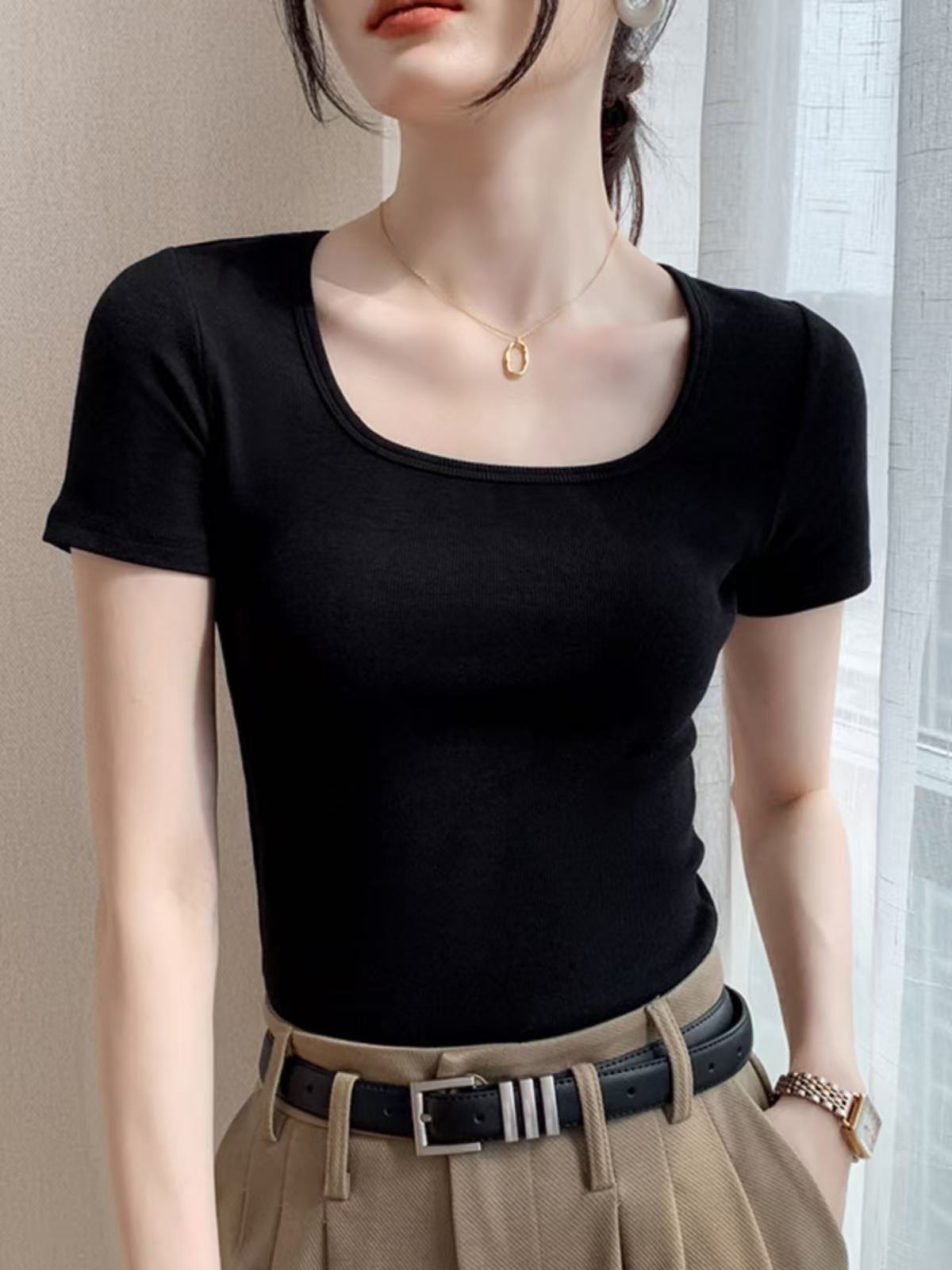 方领半袖打底衫T恤夏季短袖短款显瘦方领不起球紧身拼接通勤