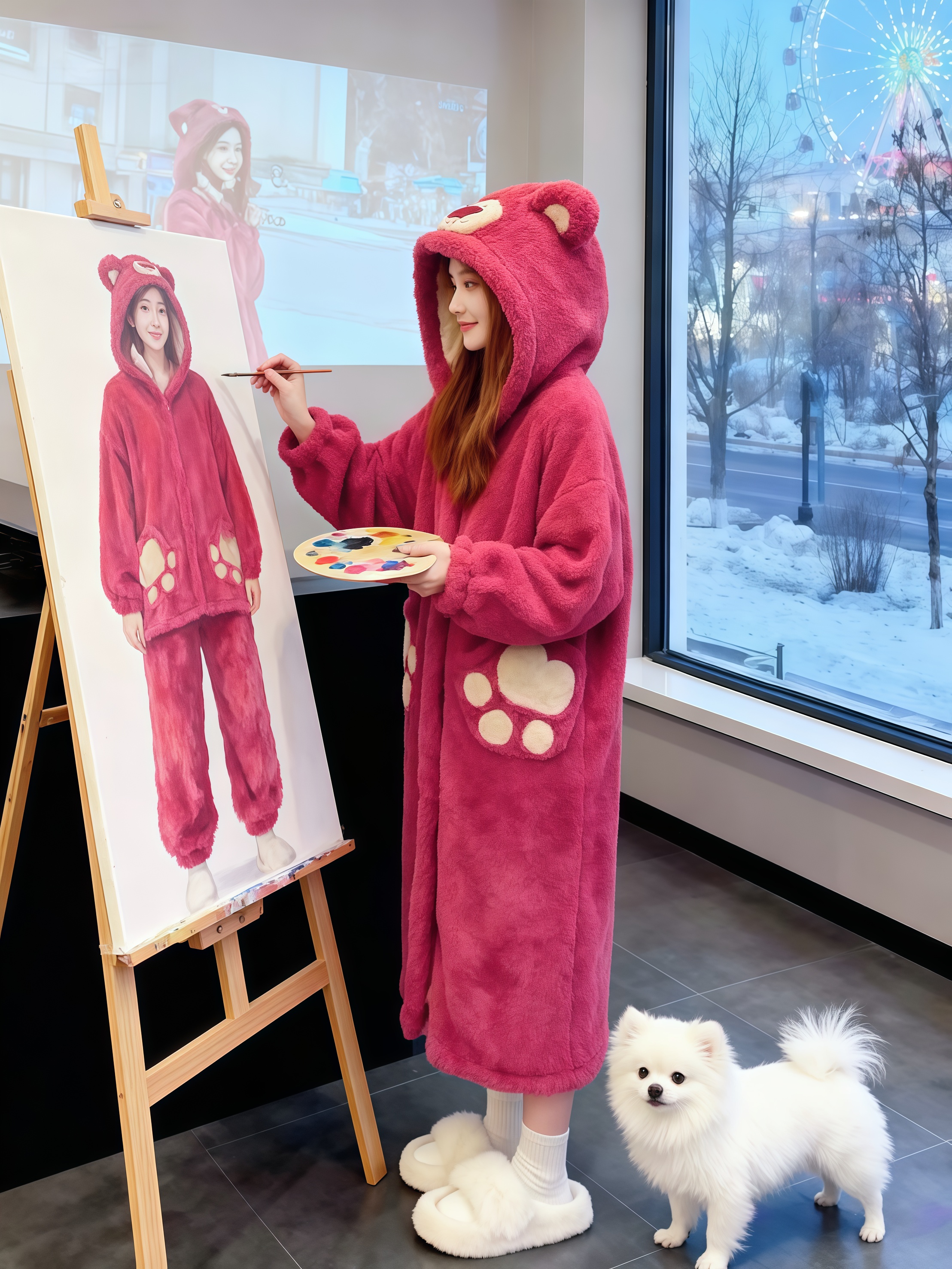 2025年爆款双层草莓熊中长款珊瑚绒睡衣加厚加绒女家居服睡袍