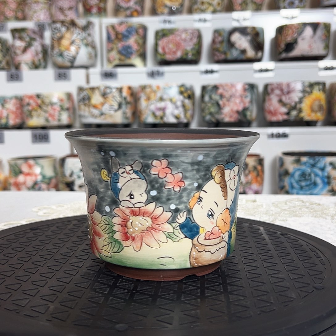 手绘陶瓷花盆口13高9.5