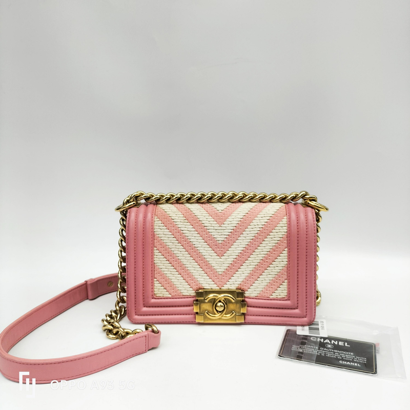 95新 Chanel/香奈儿 95新/香奈儿 Chanel/粉色拼白色/ 毛呢拼牛皮
