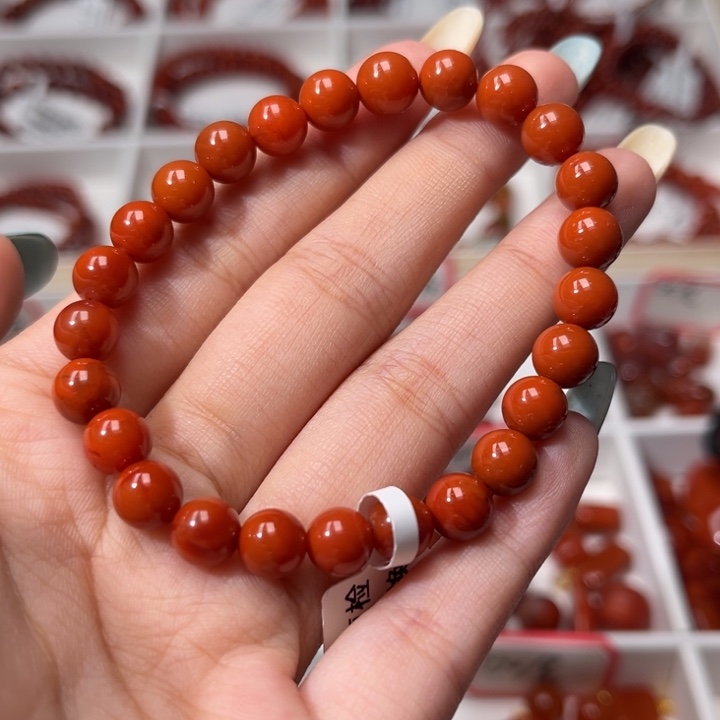 南红玛瑙未镶嵌手链满肉柿子红7mm圆珠