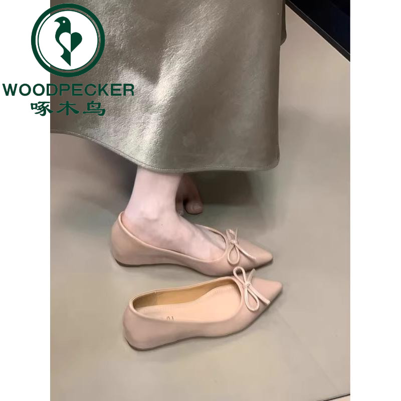 啄木鸟法式裸色尖头单鞋女2025新款小个子内增高平底鞋百搭晚晚鞋