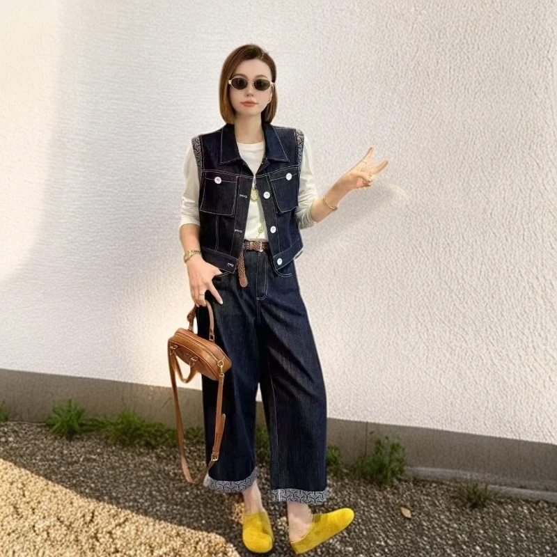 915复古牛仔马甲阔腿裤套装韩版显瘦减龄时尚休闲气质早秋新款