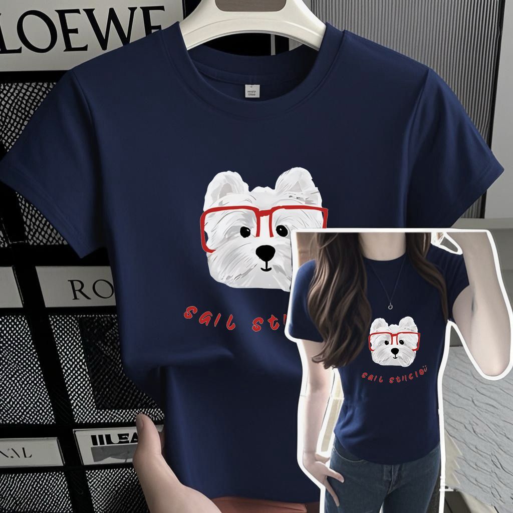 【ZHAP】2025夏季新款时尚休闲正肩卡通狗狗短袖百搭显瘦t恤女美式