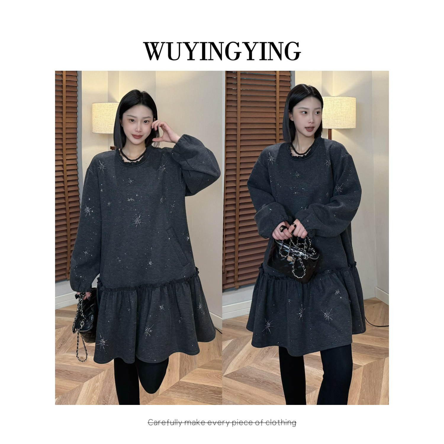 WUYINGYING【奥兰新贵】欧货重工高品烫钻拼接设计时尚连衣裙