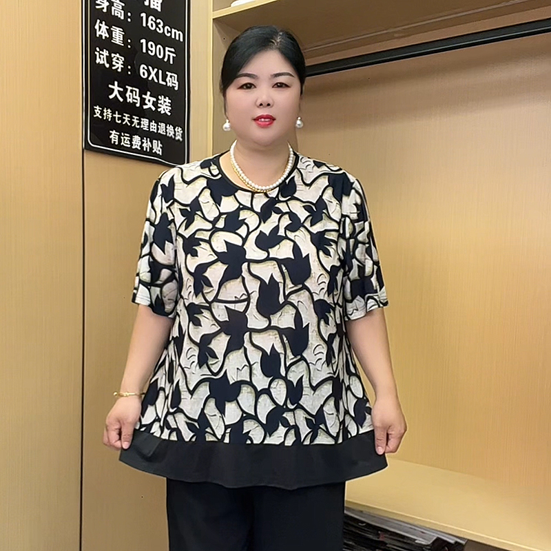 夏季新款T恤时尚圆领洋气宽松中老年妈妈女短袖阔太太气质上衣